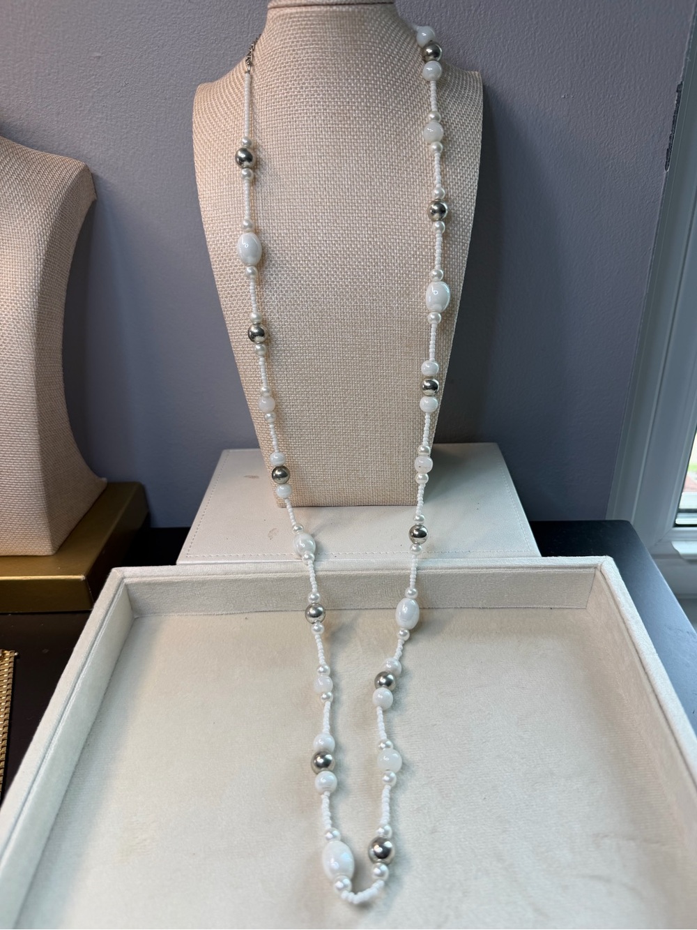 Elegant White Bead and Silver Accent Long Necklace